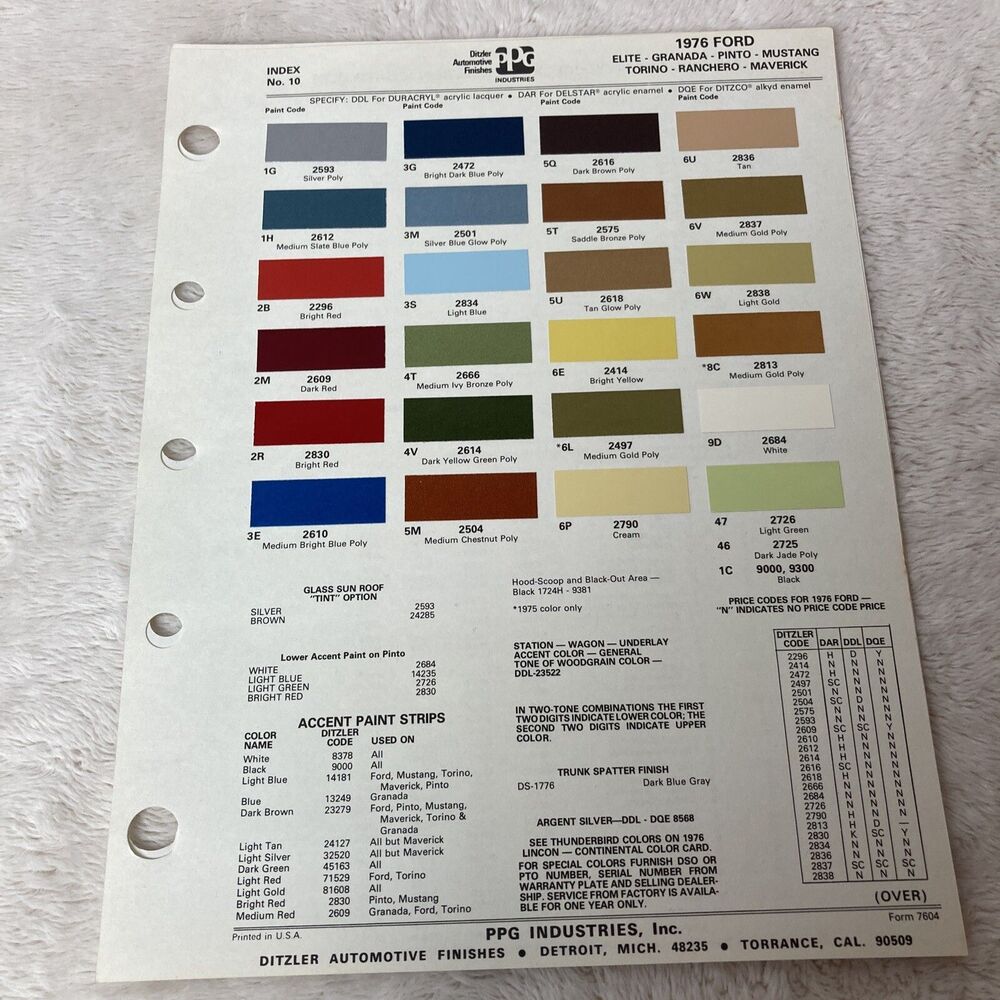 1976 Ford Colors Ditzler PPG Color Chips Color Information Vintage